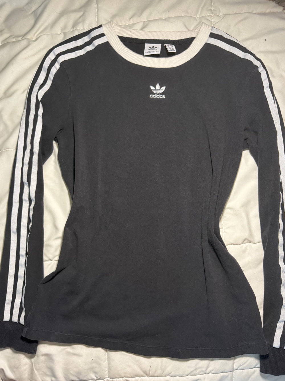 adidas Black Long Sleeve Three-Stripe Crew Tee with White Trim